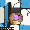 Pixel art of a brown, cracked spherical object with purple eyes and yellow banding against blue and white background elements.