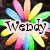 Pixelated icon with 'Wendy' text over a multicolored starburst background of pink, blue, yellow, green, and orange rays on dark base.