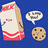 Pixelated image with blue background showing a milk carton character holding hands with a cookie, next to text listing names on pink background.