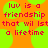 Pixelated red text on orange background with green circular shapes, repeating the phrase 'luv is a friendship that wil lsf a lifetime' across two identical sections.