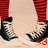 A sequence of animated frames showing a character's lower legs and feet in red striped pants, with white sneakers featuring black laces and soles.