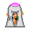 Pixelated cartoon character with pink hair, green eyes, and orange face inside gray robe-like structure showing sequential pose changes.