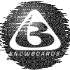 Circular black-and-white icon with a white triangle containing a stylized 'B' and the word 'SNOWBOARDS' below it, showing pixelated distortion
