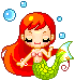 Pixel art mermaid with red hair and green tail, closed eyes, pink bikini top, surrounded by blue bubbles and squares on gray background.