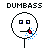 Pixelated character with square eyes and a flat mouth, red object near lips, blue splatter effects, text "DUMBASS" above each instance.