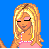Pixelated character with blonde hair and closed eyes in pink top, standing against blue background with text overlay on magenta band.