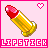 Pixel art of a red-tipped yellow lipstick tube on pink background with 'LIPSTICK' text and heart symbols, showing animation changes between frames.
