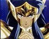 Animated sequence of a character in golden armor and blue cape performing a ritual with hands clasped, transitioning through glowing effects and costume changes.