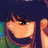 Pixelated anime-style character with dark blue hair and orange highlights, hand near face, against black background with white text.