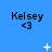 Blue background with repeated 'Kelsey <3' text and animated white star-like shapes appearing and disappearing in different positions.