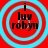Four identical circular icons with red backgrounds and cyan concentric rings, each containing black text reading "i luv robym" in a pixelated font.