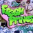 Green and pink pixelated text with a stylized design on a multicolored background.