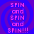 Pixelated text 'SPIN and SPIN and SPIN!!!' repeats in four identical quadrants on a blue-purple gradient background with spiral patterns.