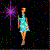 A pixelated figure in a light blue dress stands against a black background with scattered colored dots, holding a glowing star-like object that changes color and position across frames.