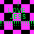 Pixelated green text 'I LOVE JESS' and multiple exclamation marks on a pink-and-black checkered background with diamond-shaped patterns.