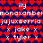 Pixelated icon with red heart pattern background and white text elements including 'ily', 'monaxambemonaxambet', 'jujuxserria', 'x jake x', 'x tyler x' arranged in horizontal bands.