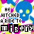 A static image of a repeating pattern featuring blue skull icons with yellow eyes, overlaid with text reading "HE HITCHED A RIDE TO misery" and variations in purple and white lettering.