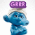 Four blue-skinned Smurf characters in a with purple text banners above each, displaying distinct poses and expressions
