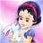 Pixelated image of a character with dark hair tied with red headband, wearing blue and white dress with yellow accents, holding a white object with pink details against pink gradient background.
