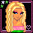 A 4x4 contact sheet of pixel art frames showing a blonde cartoon character with blue eyes and pink eyeshadow, wearing a green top and pink belt over dark pants, in various poses including full-body shots and close-ups, alongside text elements like "Bionde" and "Beauty" in neon pink font on black backgrounds with heart symbols.