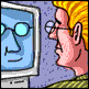 A cartoon character with spiky yellow hair and glasses sits at a computer, displaying changing facial expressions from neutral to smiling.