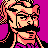 Pixelated character portrait with pink hair, black glasses, and a mustache on a solid purple background.