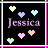 Animated sequence of a black square with pink border displaying 'Jessica' text and shifting pastel hearts in yellow, blue, green, pink, and cyan.