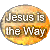 A pixelated oval-shaped icon with a gradient background transitioning from light beige to orange, featuring white text reading "Jesus is the Way" in two lines.