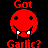 Red pixelated smiley face with black eyes, white fangs, and red drool against a black background, with 'Got' above and 'Garlic?' below.
