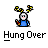 Animated contact sheet showing 19 frames of a pixel art character with yellow sparkles, blue outfit, and red object in hand against gray background.