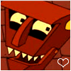 Red cartoon robot face with large yellow eyes, black pupils, and sharp white teeth, set against a brown brick background with a white pixelated heart in the corner.