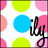 A static image with a white background covered in repeating pink, light green, and blue circles. Black cursive text 'ily' appears over the pattern.