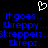 A pixelated blue text animation on black background with a white heart symbol above, displaying sequential variations of 'It goes... Skreppy...' fading to 'Skrepi.'