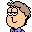 Pixelated cartoon character with light brown hair, blue shirt, and black outline showing two facial expressions against gray background.