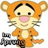 A cartoon tiger with orange fur, black stripes, and a pink nose stands against a white background with text below it.