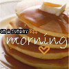 Stack of three pancakes with syrup and butter, overlaid with text and symbols.