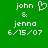 Green background displays white text 'john & jenna 6/15/07' with a pink heart symbol above the ampersand on the left side.