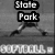 Black-and-white pixelated icon showing a baseball player in mid-pitch with text labels "State Park" and "Pitcher" above the figure.