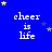 Blue background with white text 'cheer is life' repeated in a , yellow and blue stars scattered across the scene