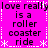 A static image with a bright pink background displays repeated text "love really is a roller coaster ride" in black pixelated font, bordered by white dashed lines and asterisks.