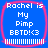 Blue square with pink border containing white text "Rachel is My Pimp BBT D! <3" and horizontal lines at bottom.