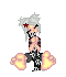 Pixelated character with white hair and red star accessory, wearing dark outfit with pink accents, standing against gray background.