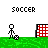 Pixelated soccer-themed animation showing stick figures interacting with goals and balls on a green field under 'SOCCER' text.