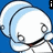 Pixelated character with light blue hair and white face, holding a small object near its mouth against a solid blue background.