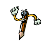Animated pencil character with blue eyes and white gloves performing four distinct arm poses against a gray background.