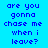 Pixelated text 'are you gonna chase me when i leave?' repeated across a with alternating blue and pink background sections