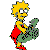 Pixelated cartoon character with yellow hair, red dress, and green prop on gray background.