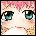 Pixelated anime-style face with pink hair and blue eyes, displaying sequential text changes below the chin.