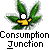 Pixelated icon shows a yellow watering can with white spout and black outline, positioned over green cannabis leaves on gray background, below which is text reading "Consumption Junction".