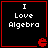 Four identical pixel art frames arranged in a 2x2 contact sheet showing black backgrounds with red borders, white text reading "I Love Algebra," and small red Pac-Man-like icons at the bottom-right corners of each frame.